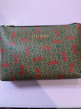 GUESS Brown Cherry Logo Zip Pouch with Gold Logo